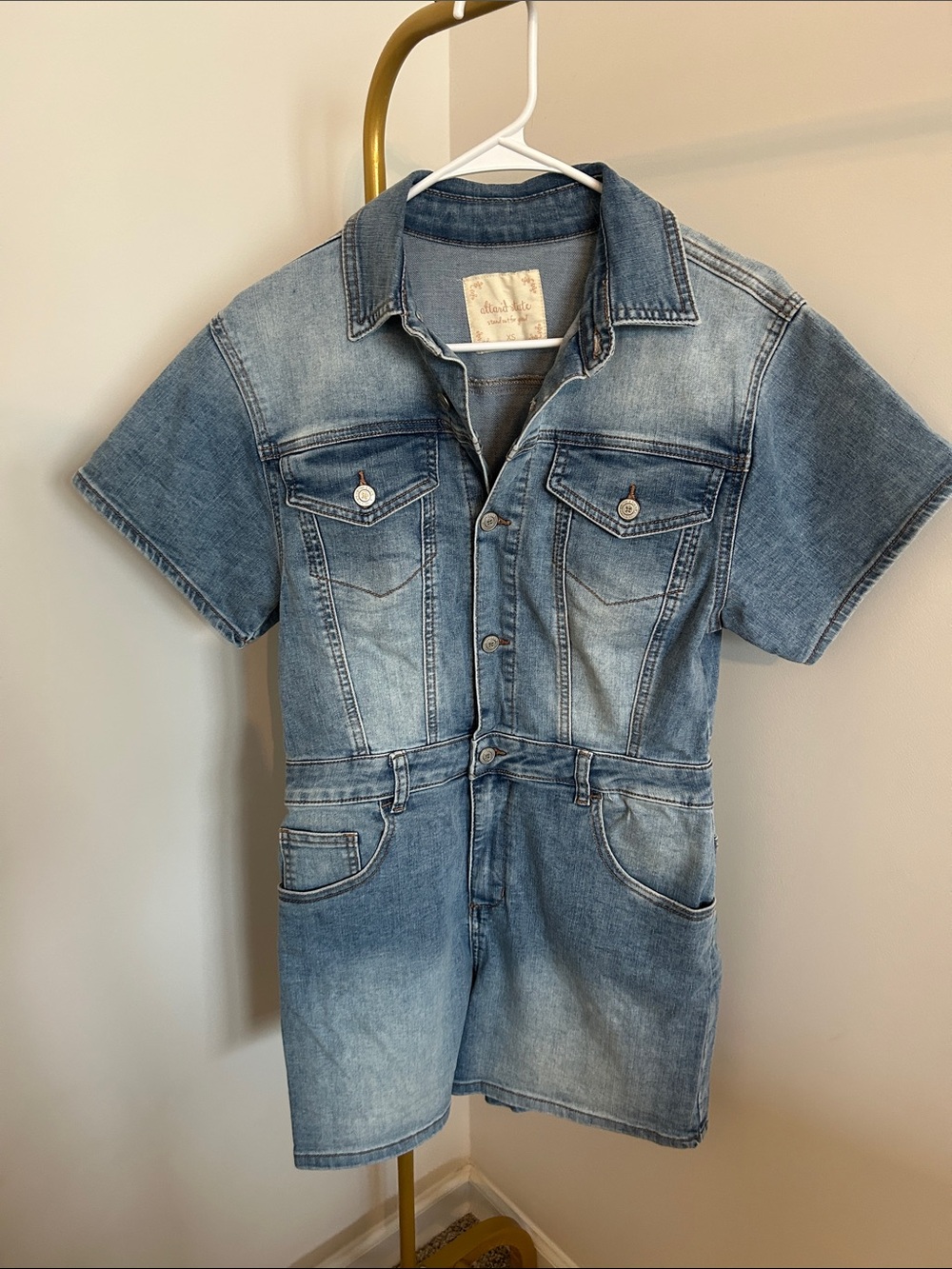 Altar'd State Light Wash Denim romper- Blue